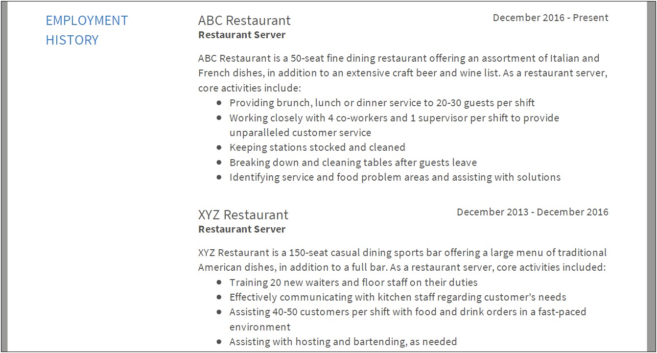Craft Beer Server Resume Job Description