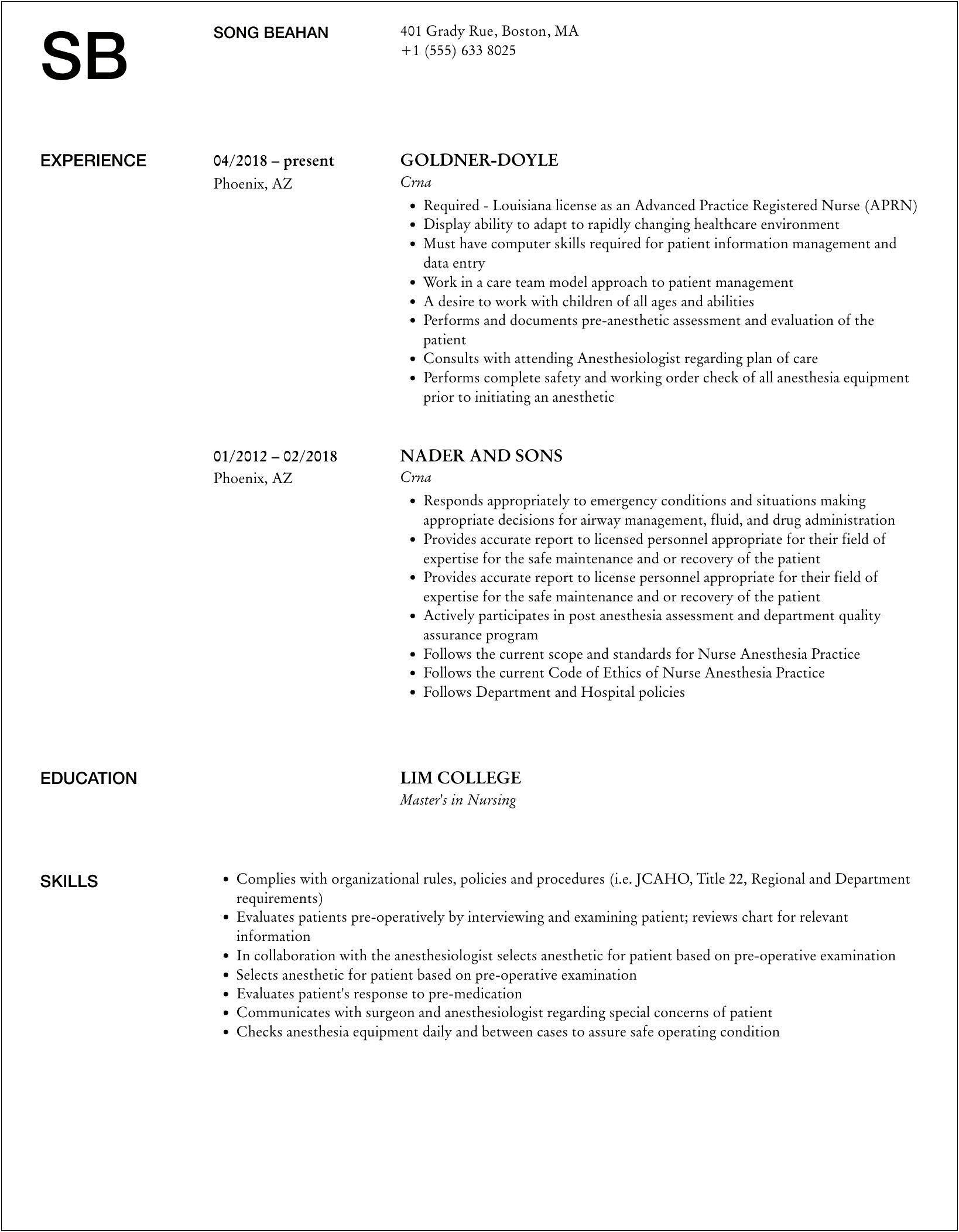 Crna Resume Examples With No Experience