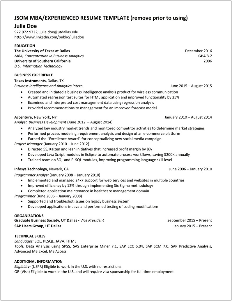 Ct Buaer College Of Business Resume Template