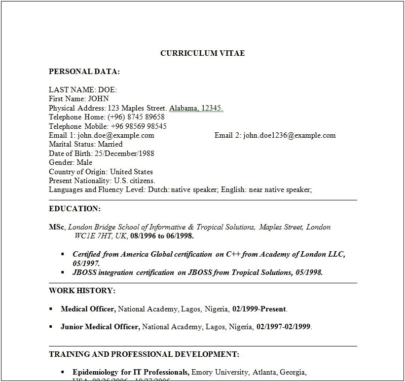 Curriculum Vita Or Resume For Doe Job