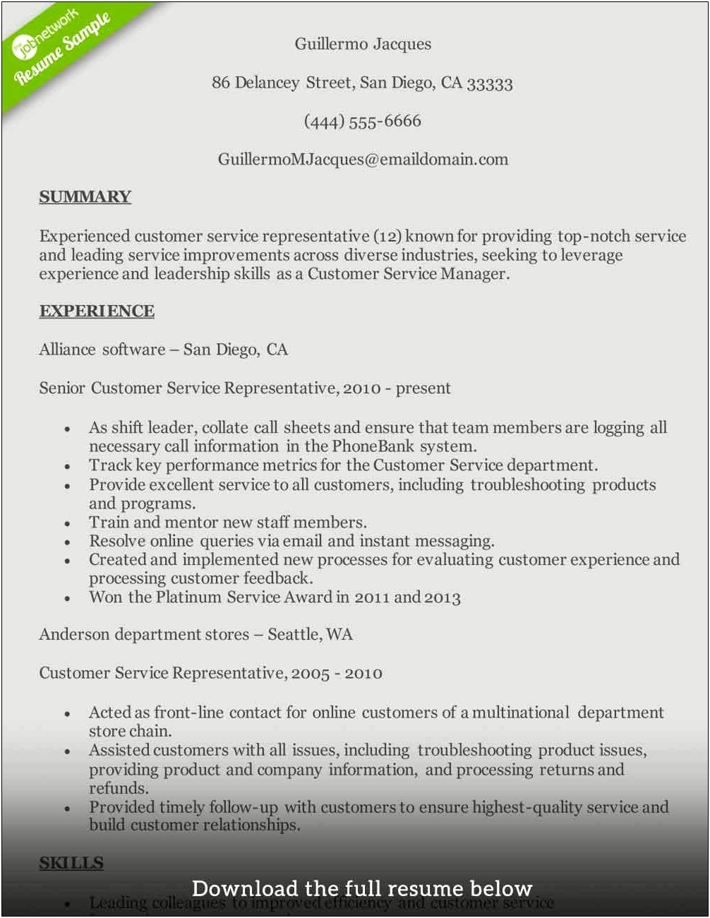 Customer Service As A Skill On Resume