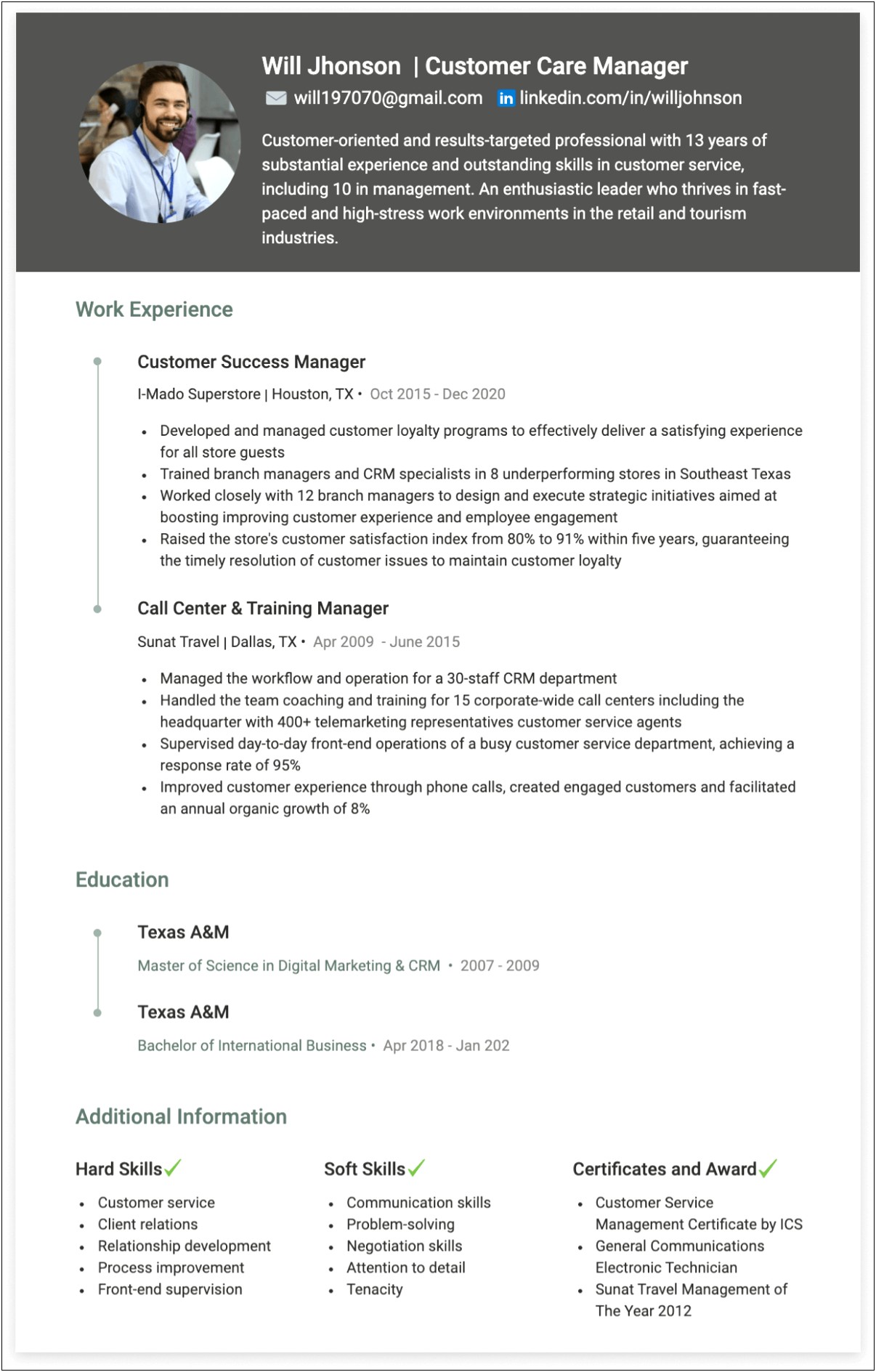 Customer Service Call Center Manager Resume