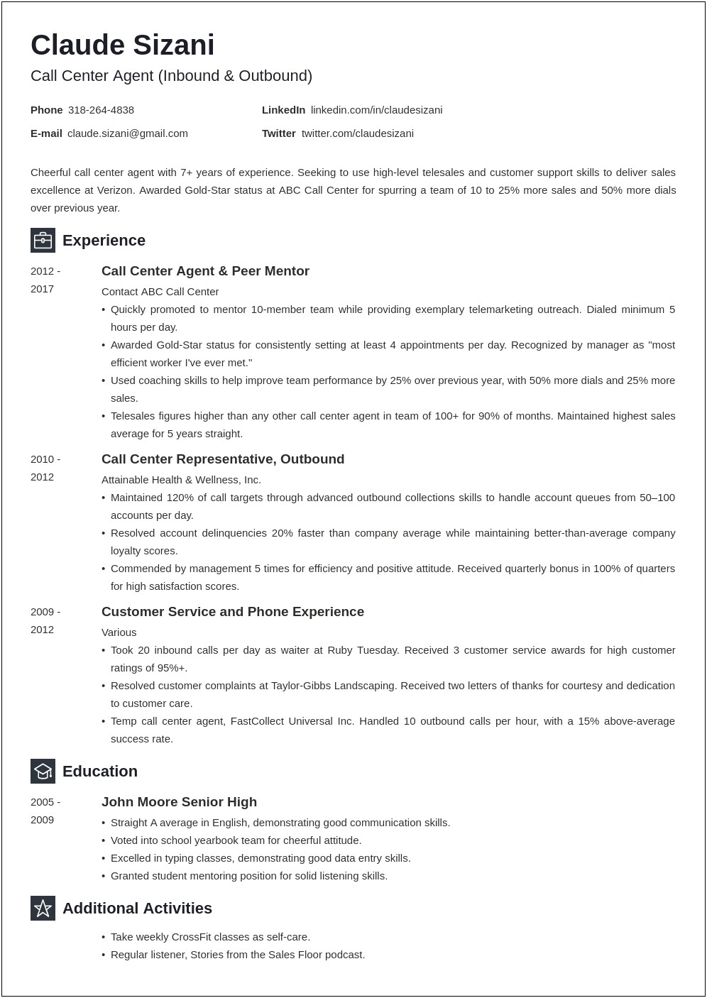 Customer Service Call Center Resume Templates