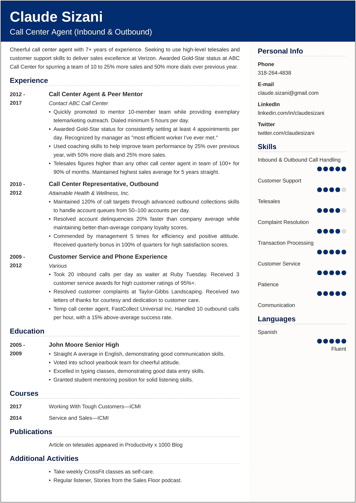 Customer Service Call Centre Resume Template