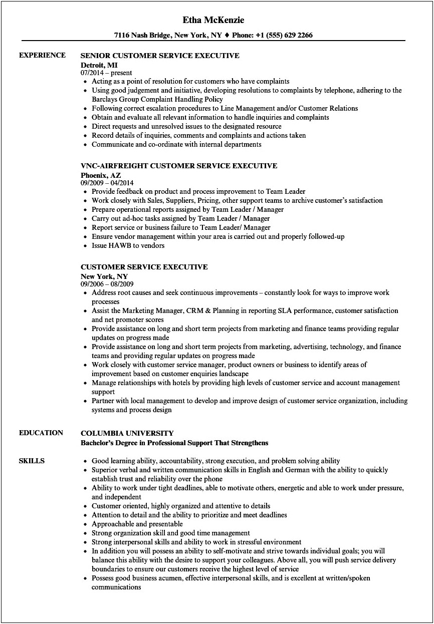 Customer Service Executive Job Description Resume