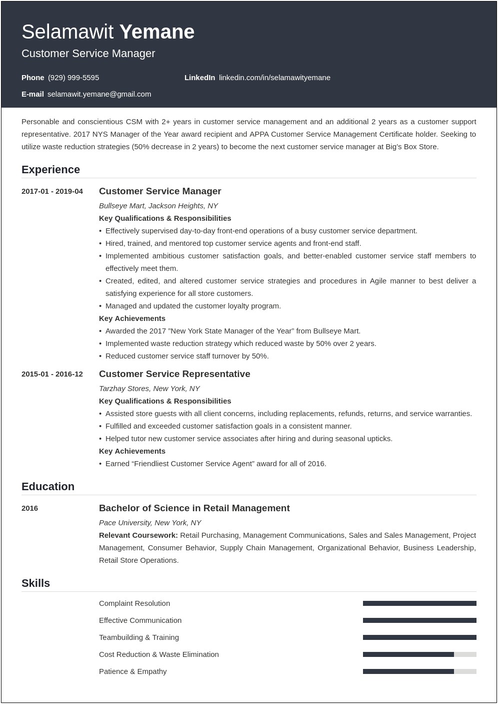 Customer Service Manager Description For Resume