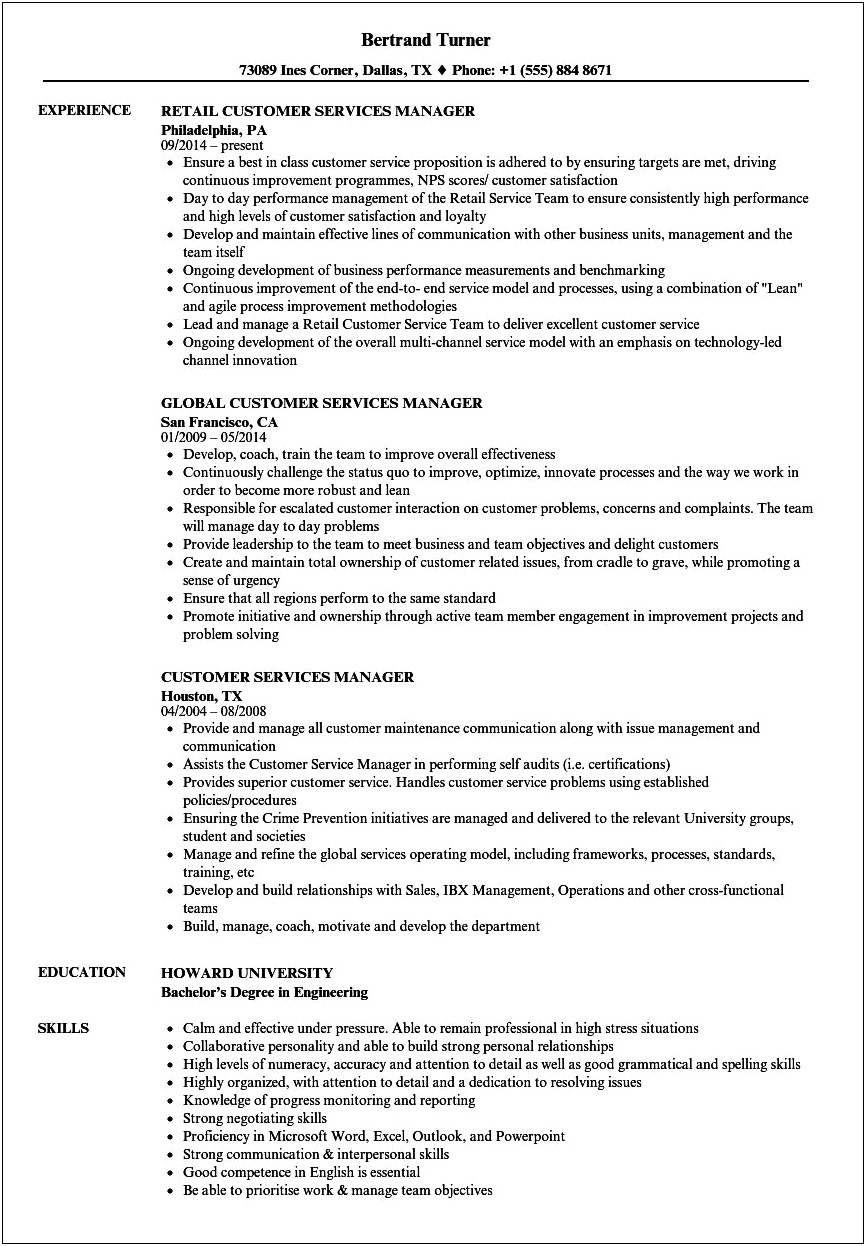 Customer Service Manager Resume Bukllet Points