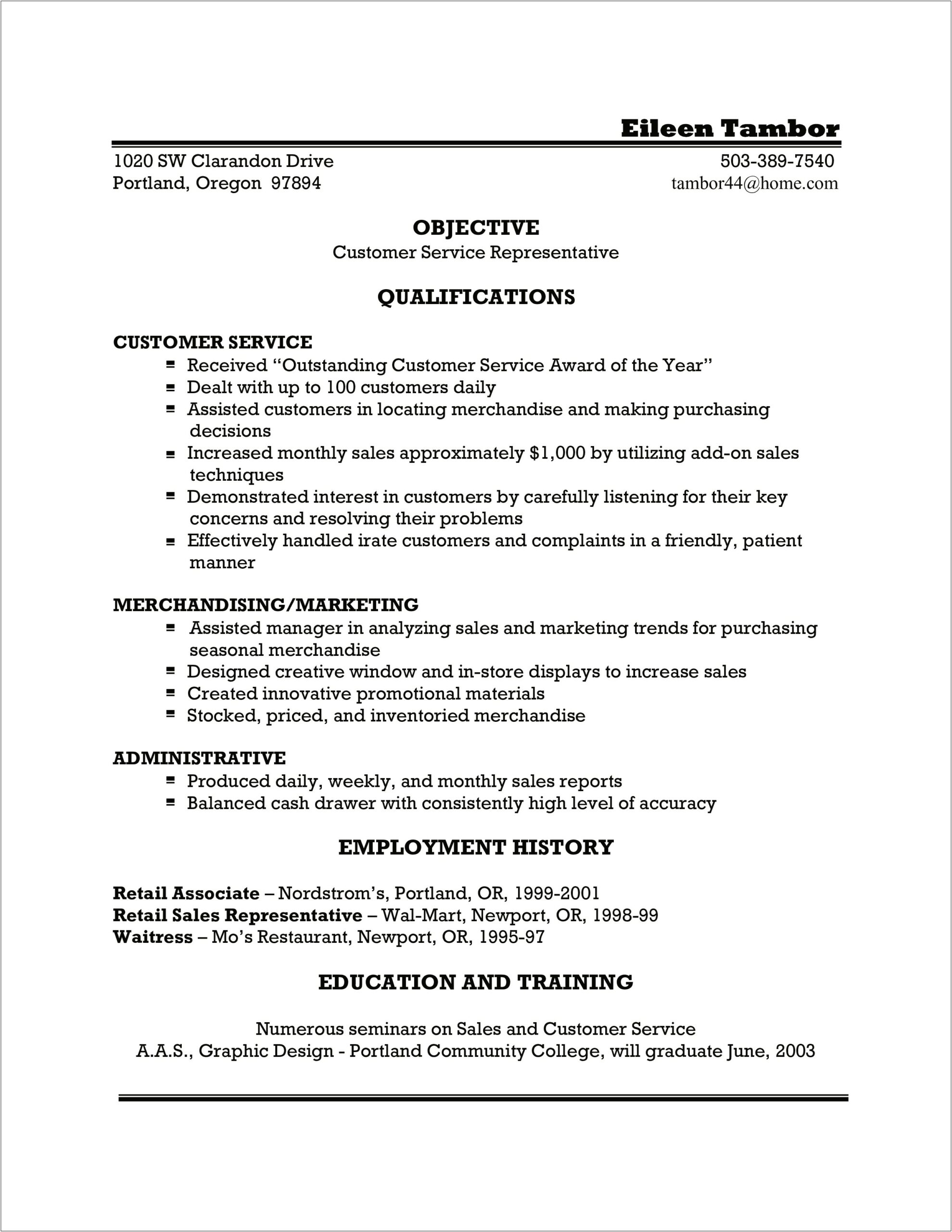 Customer Service Representative Objective In Resume