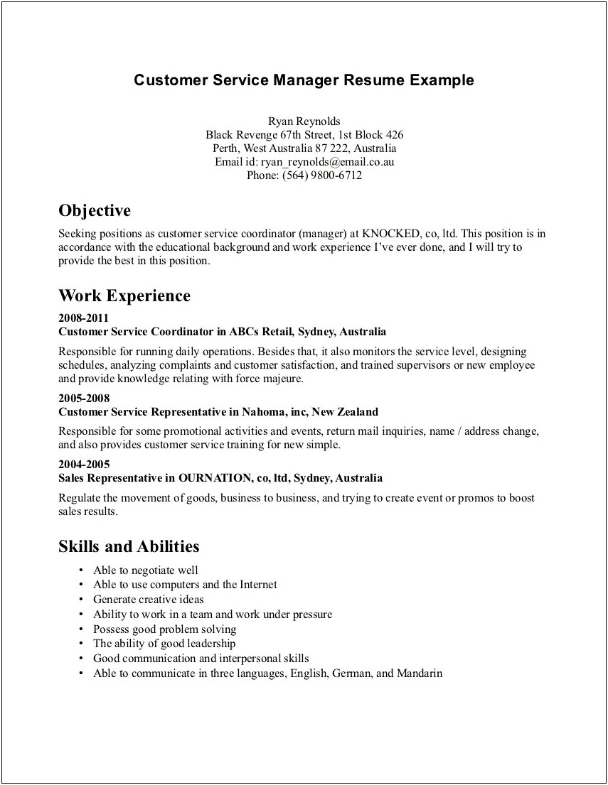 Customer Service Representative Sample Resume Objective