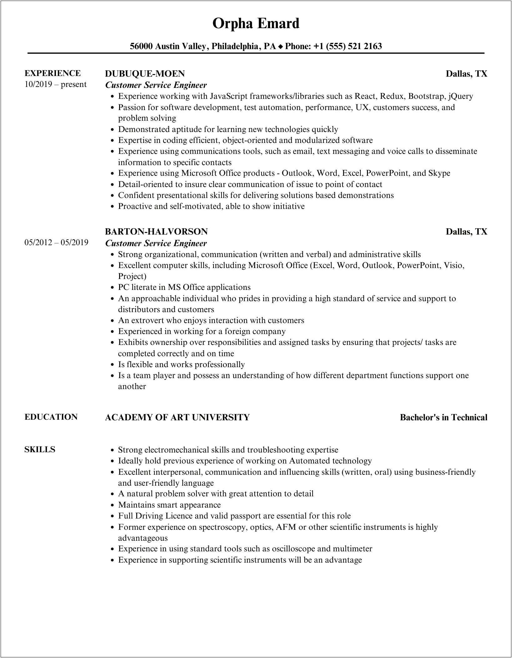 Customer Service Resume Skills Transferrable To Engineering