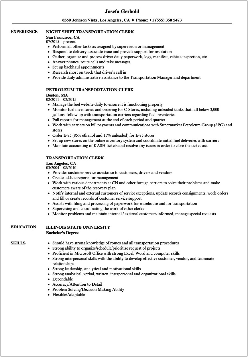 Customer Service Sample Resume For Truck Company