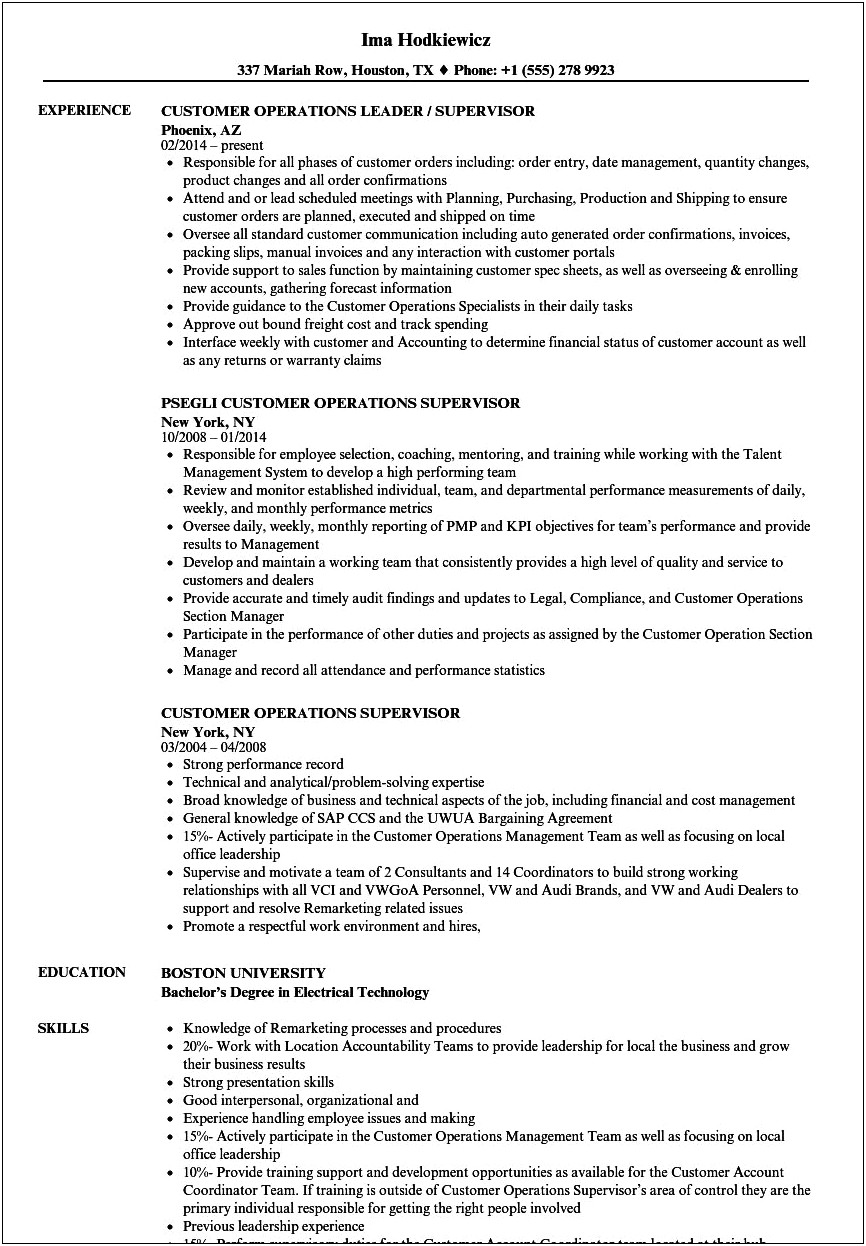 Customer Service Supervisor Job Description Resume