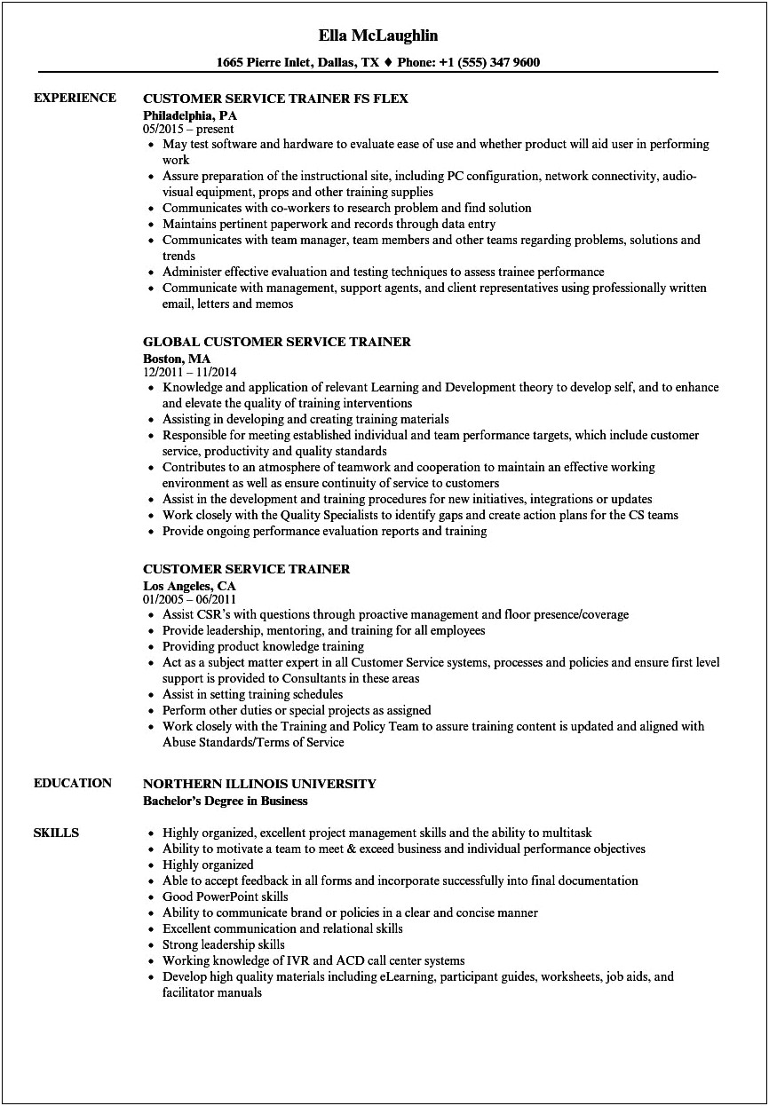 Customer Service Trainer Job Description For Resume