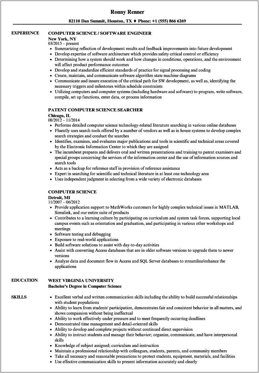 Customer Support Job Computer Science Student Resume