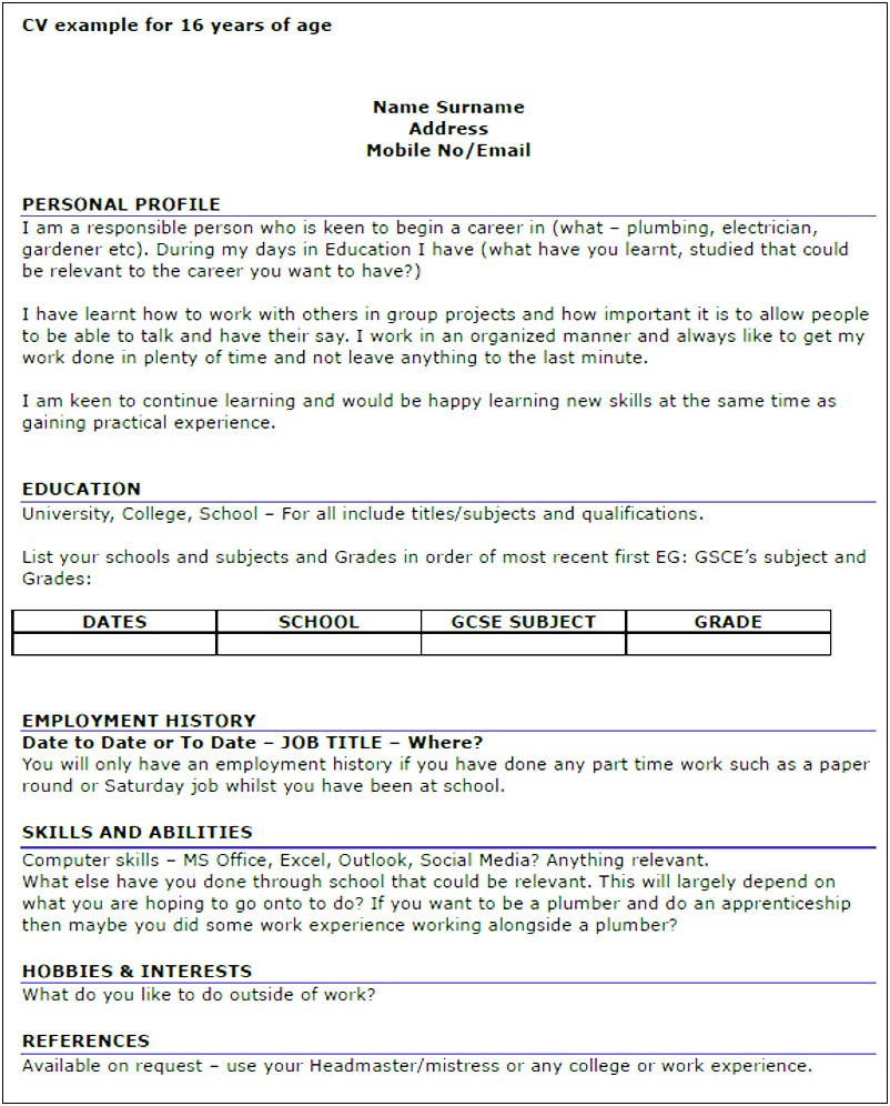 Cv Template 16 Year Old Download