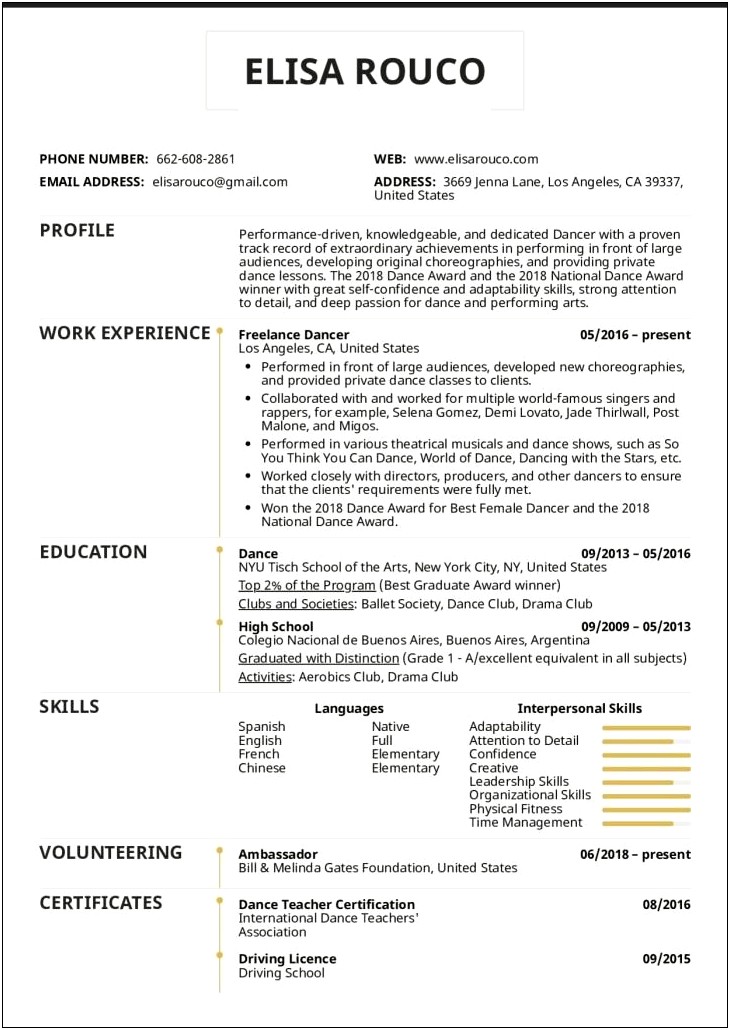 Dance Instruxtor Job Desccription For Resume