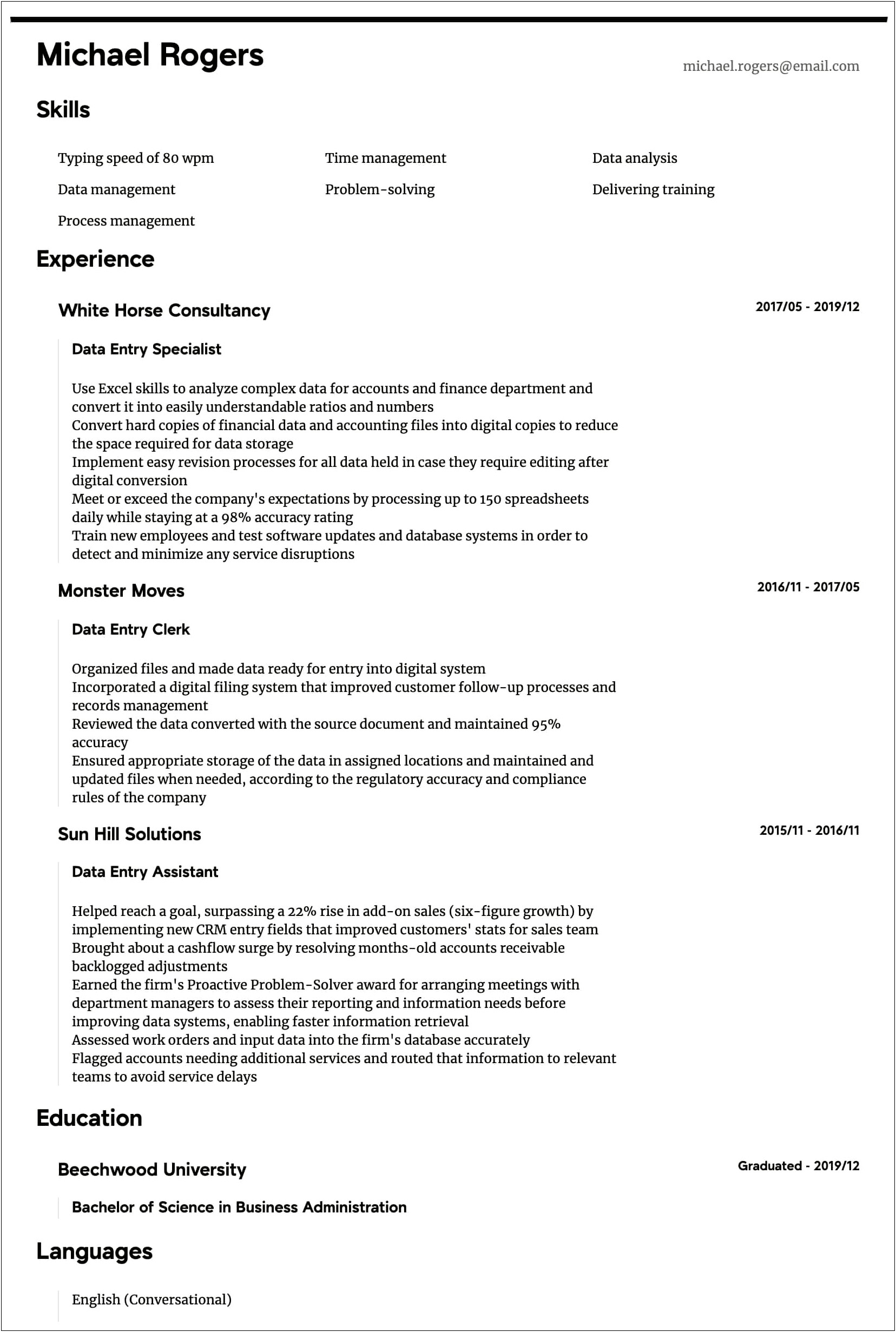 Data Entry Resume Headline For No Experience