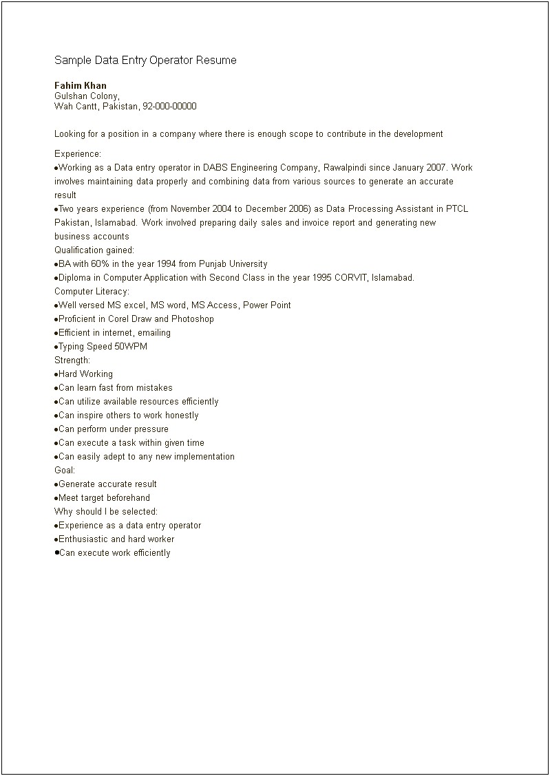 Data Entry Sample Resume 3 Years Experience