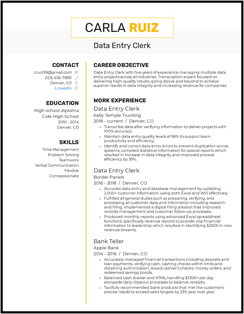 Data Entry Sample Resume 3 Yrs Experience