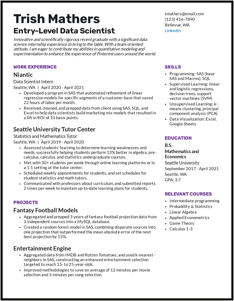 Data Sceience Porjects In Sample Resumes