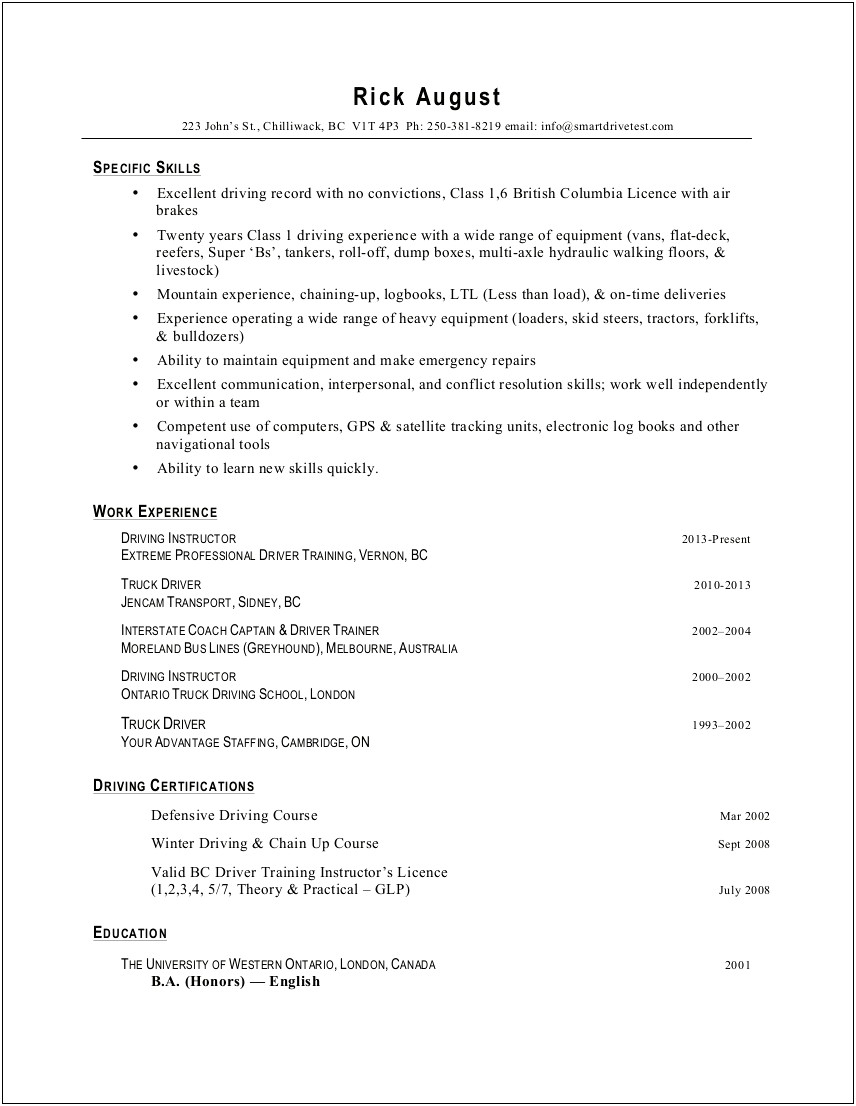 Delivery Driver Work History On Resume