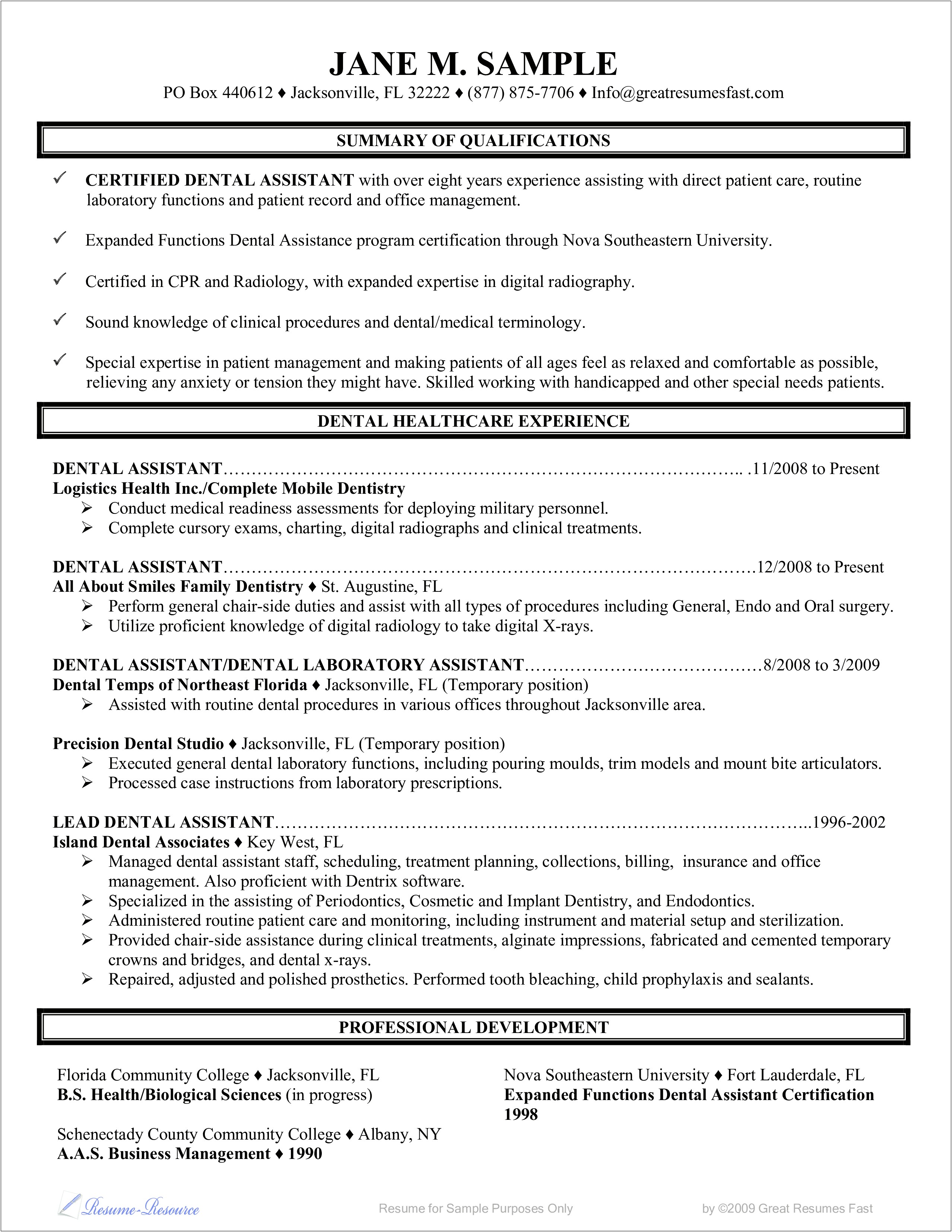 Dental Assistant Job Summary For Resume