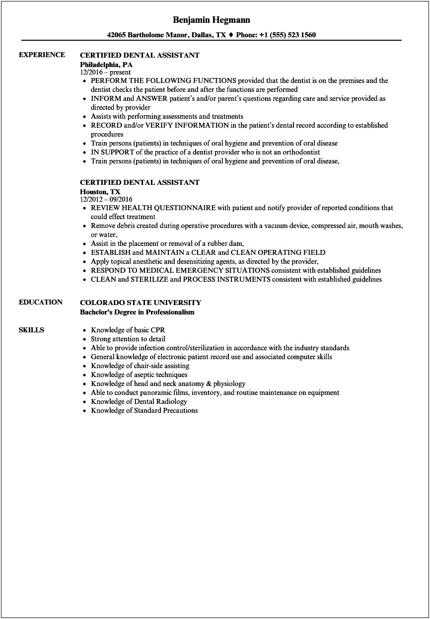 Dental Assistant Professional Summary For Resume