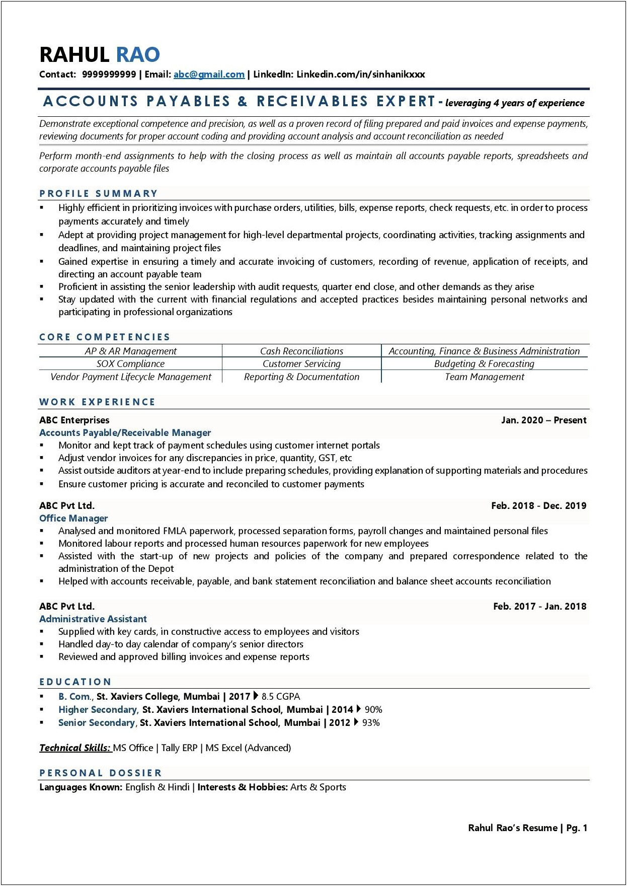 Description Of Acounts Receivable Duties For Resume Examples