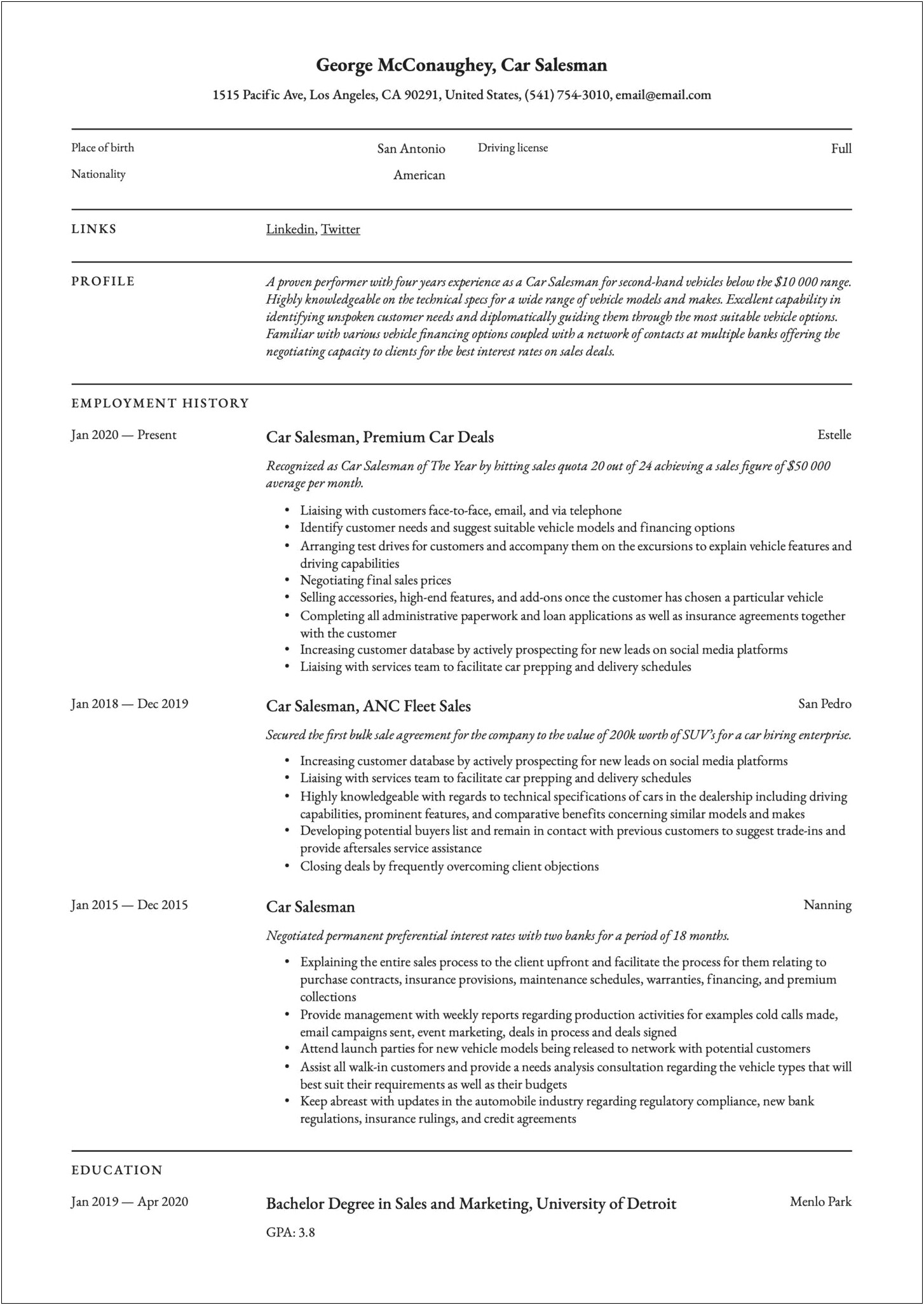 Description Of Car Salesman For Resume