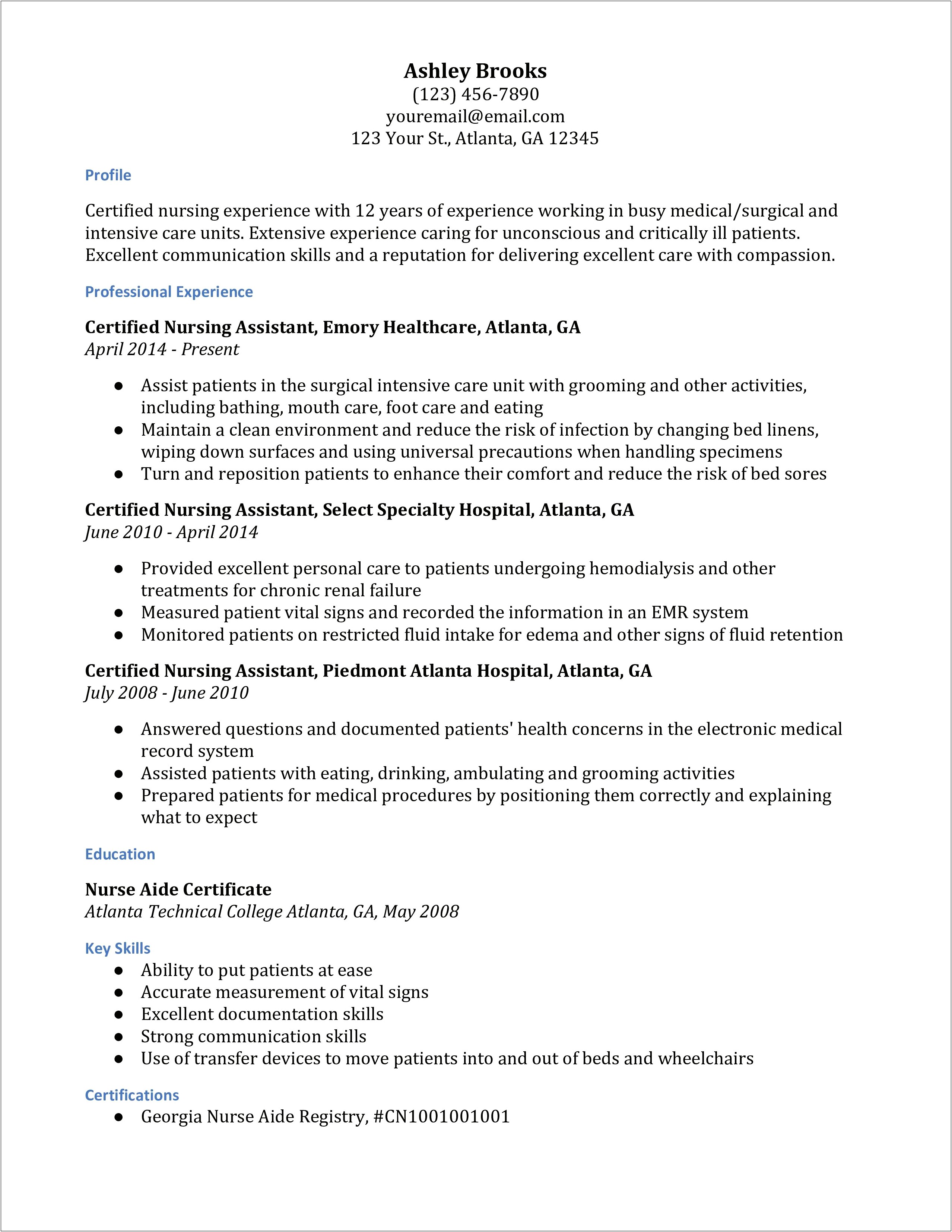 Description Of Certified Nursing Assistant For Resume