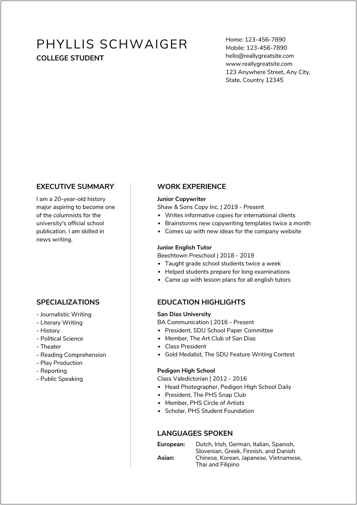 Description Of High School Education For Resume