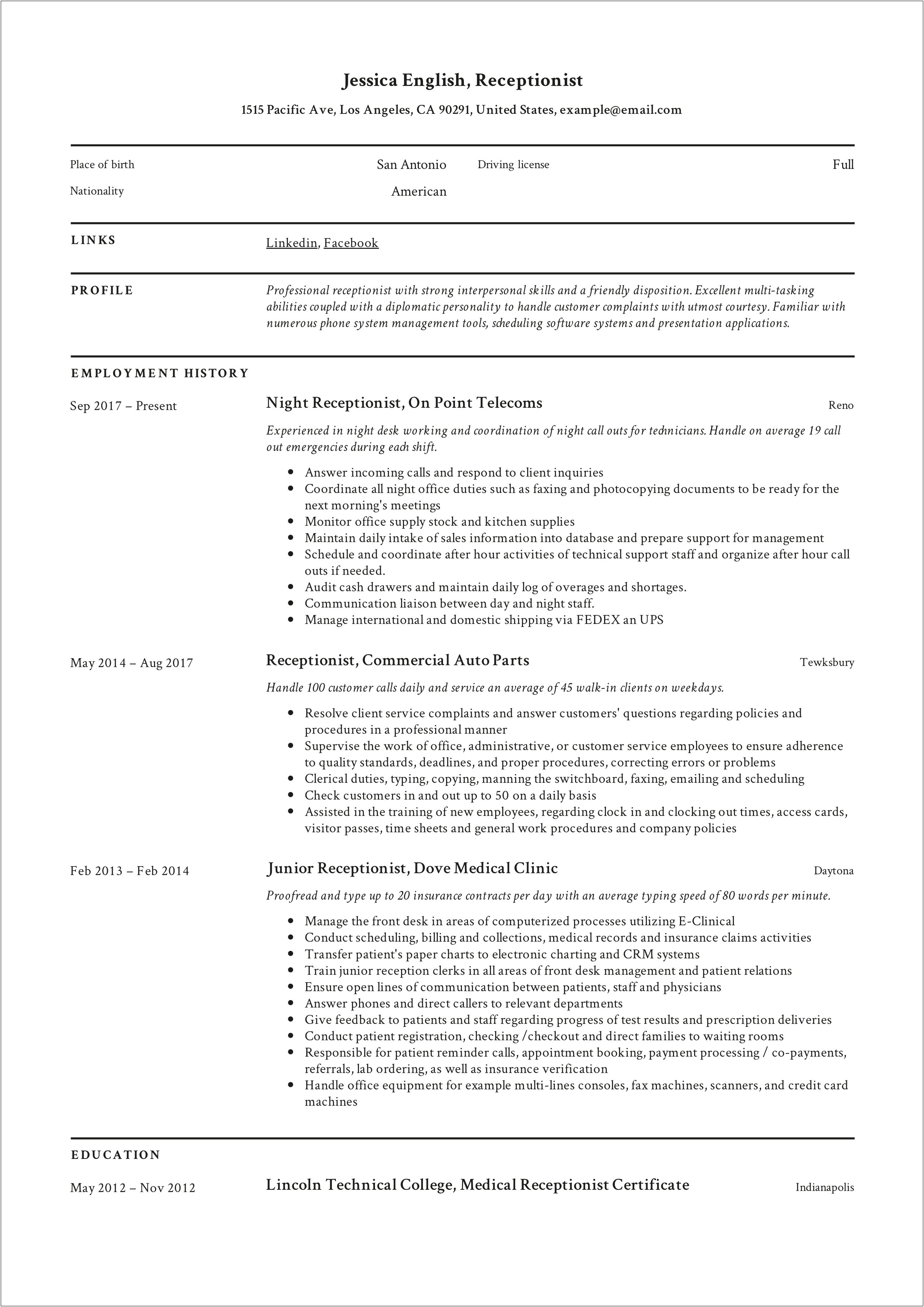 Description Of Receptionist Duties For Resume