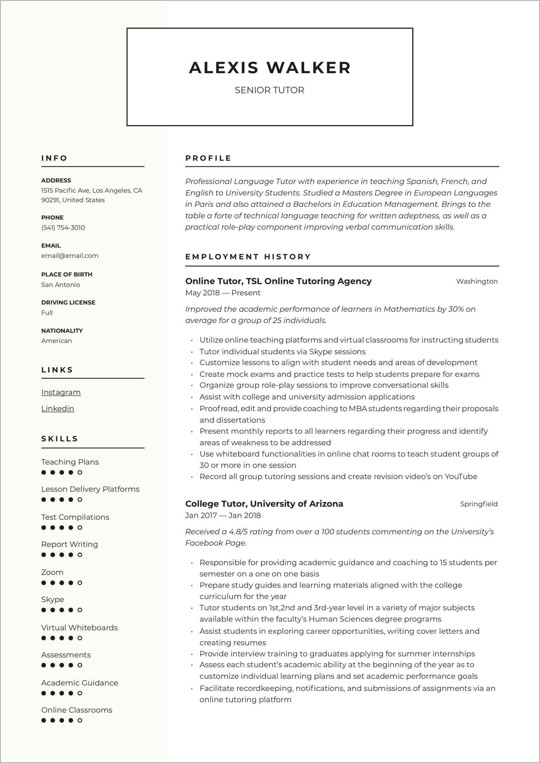 Description Of Tutoring For A Resume