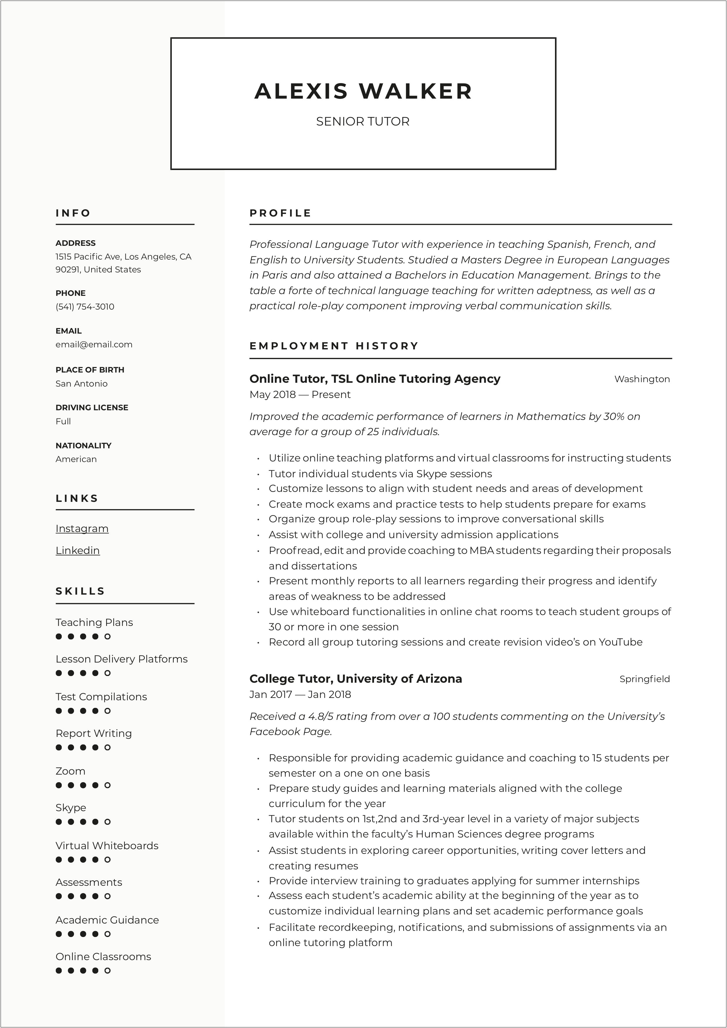 Description Of Tutoring For A Resume