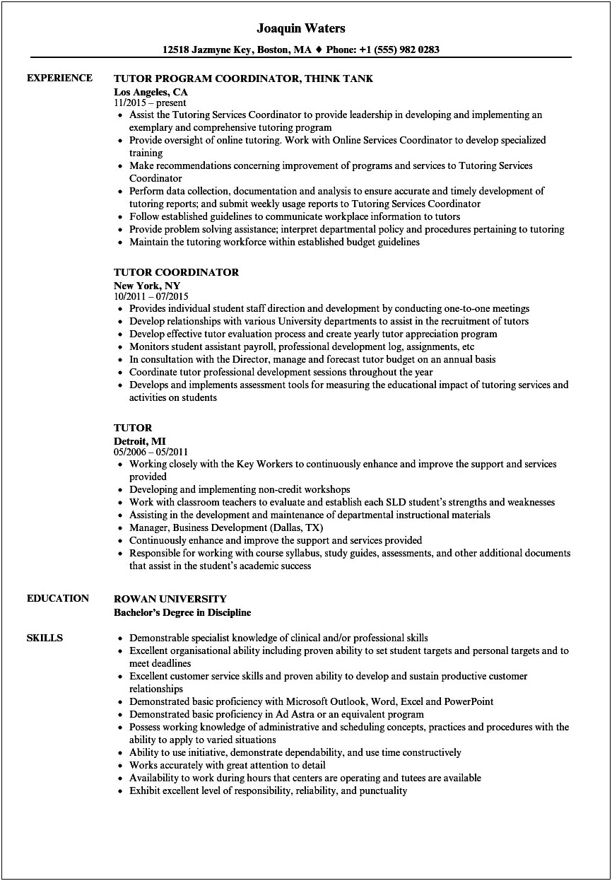 Description Of Tutoring Job For Resumes