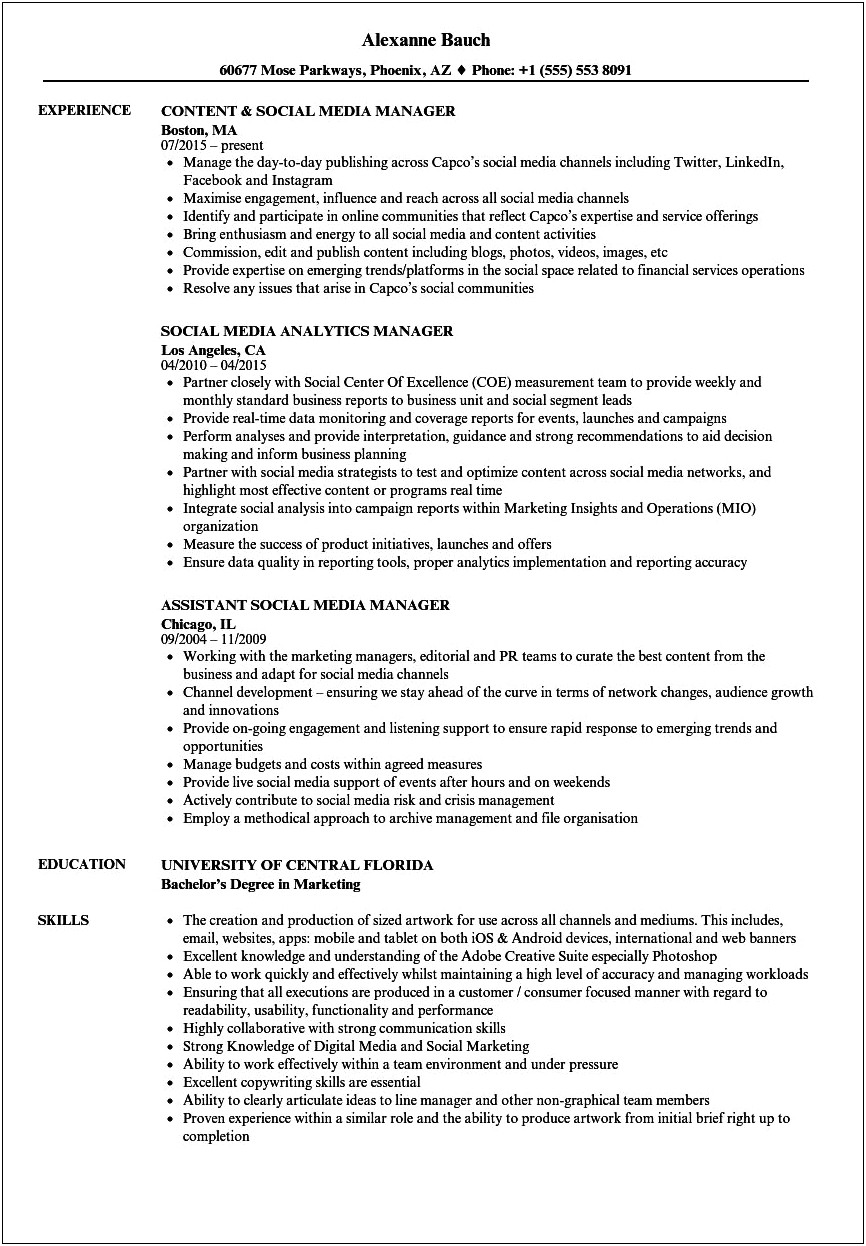 Description On Resume For Social Media Handling