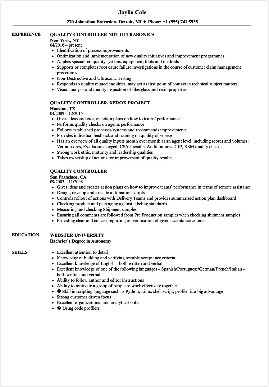 Design Quality Control Job Description Resume