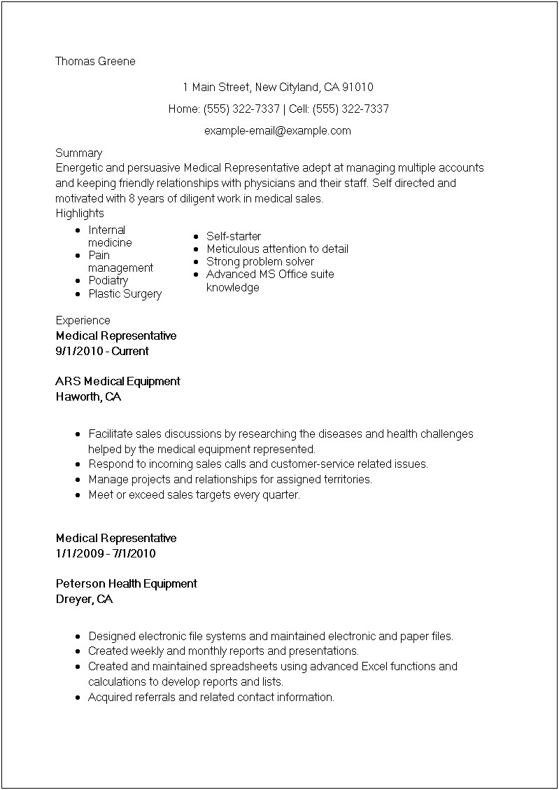 Diagnostic Lab Sales Rep Resume Sample