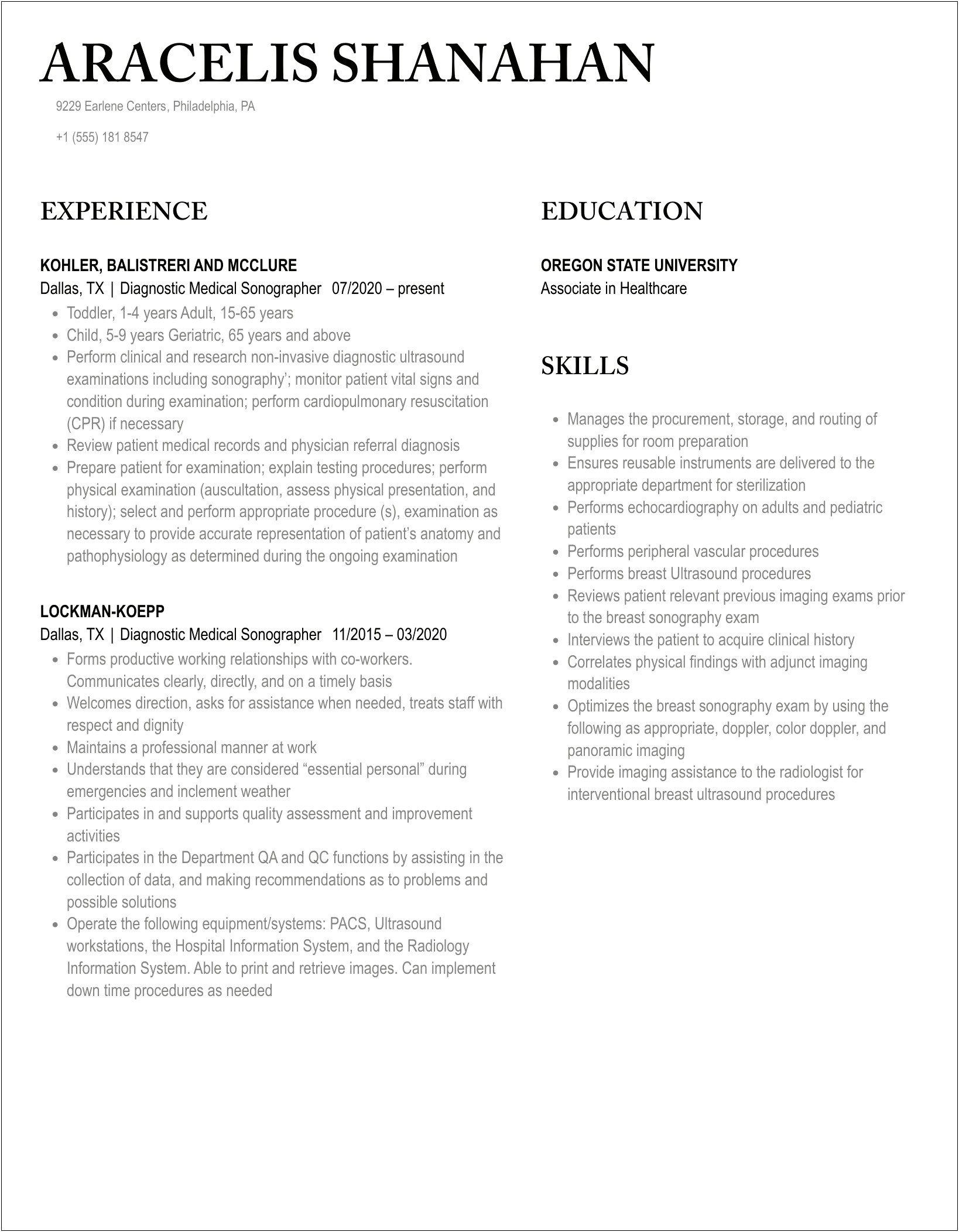 Diagnostic Medical Sonographer Free Sample Resume