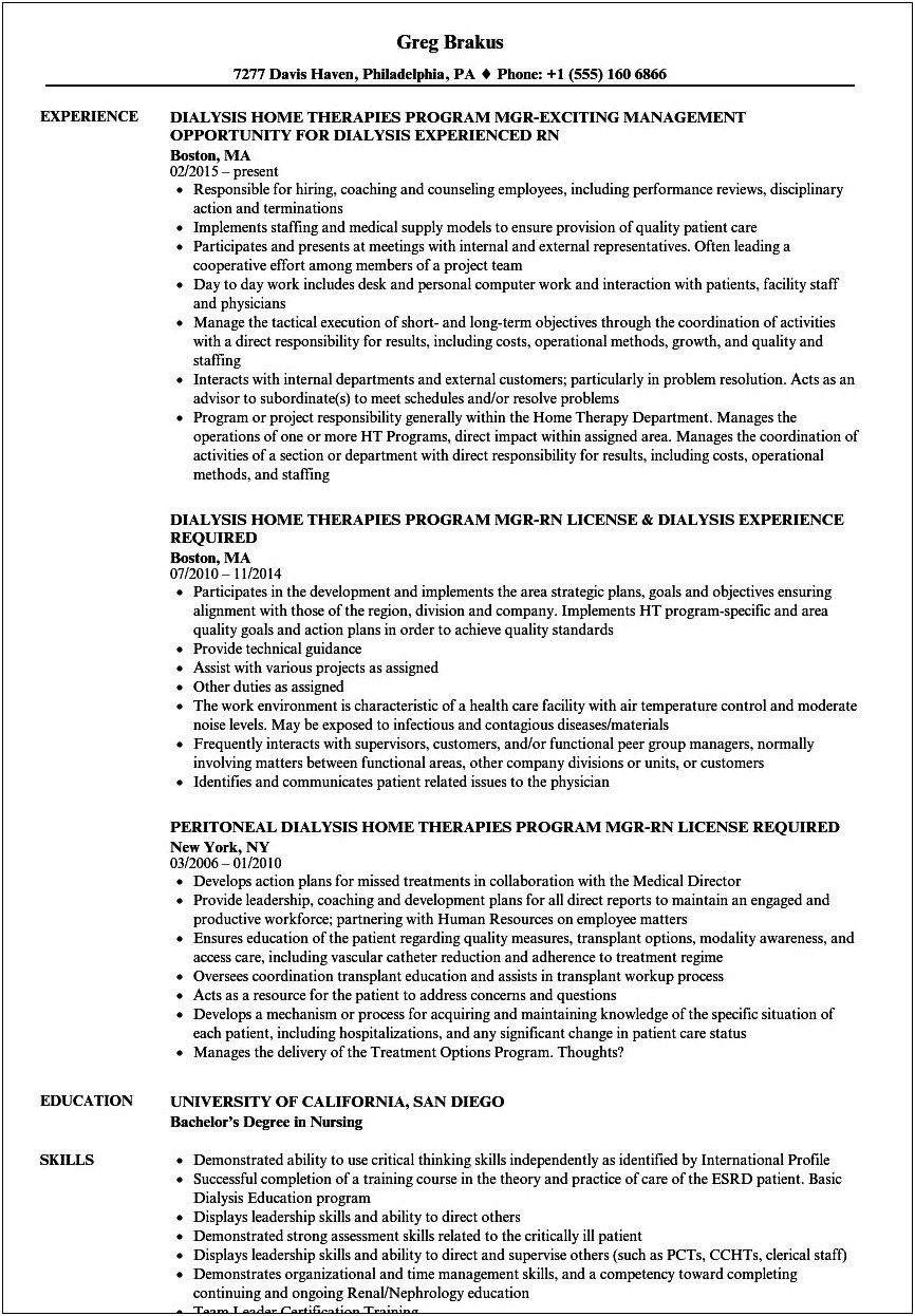 Dialysis Nurse Job Description For Resume