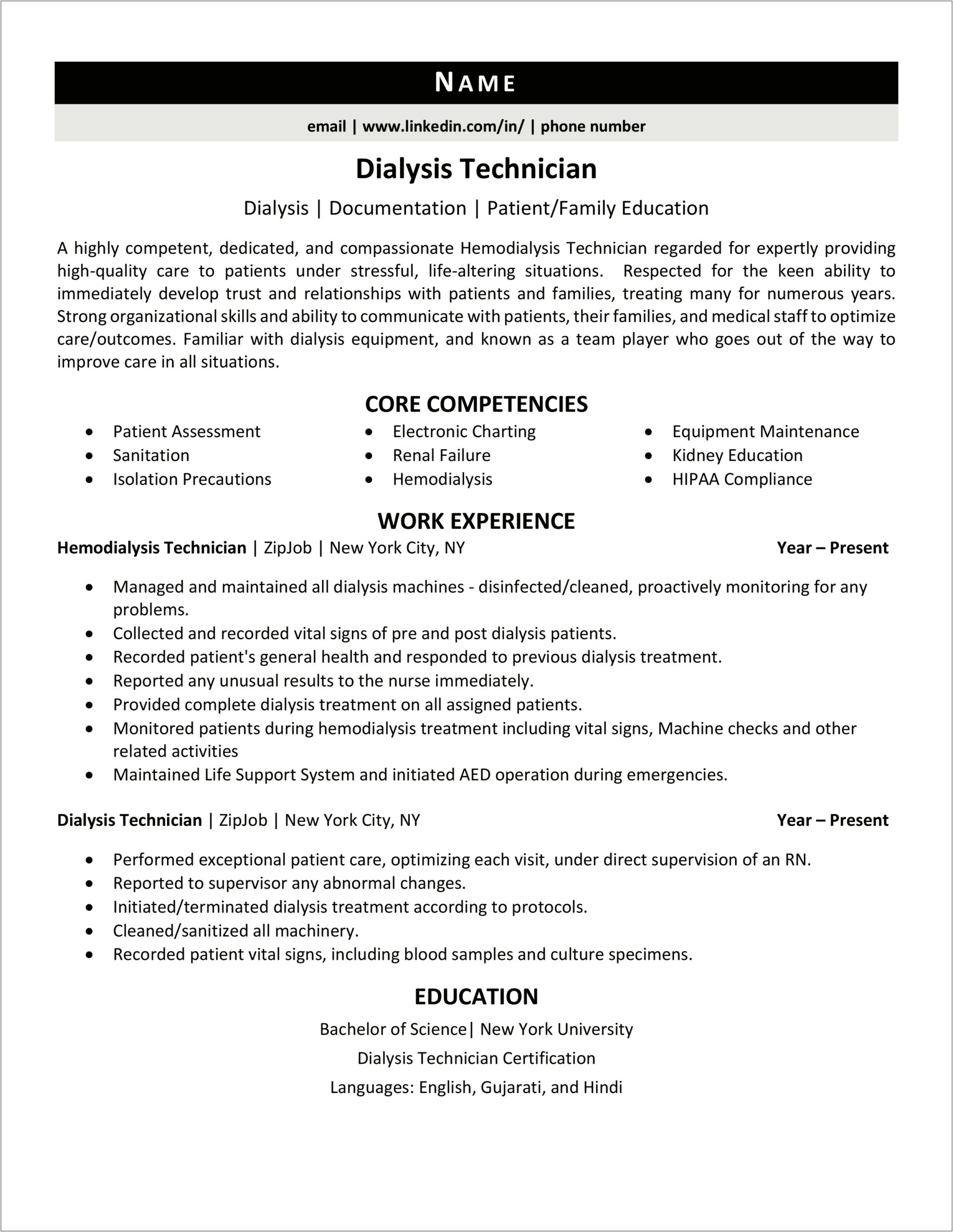 Dialysis Tech Job Description For Resume