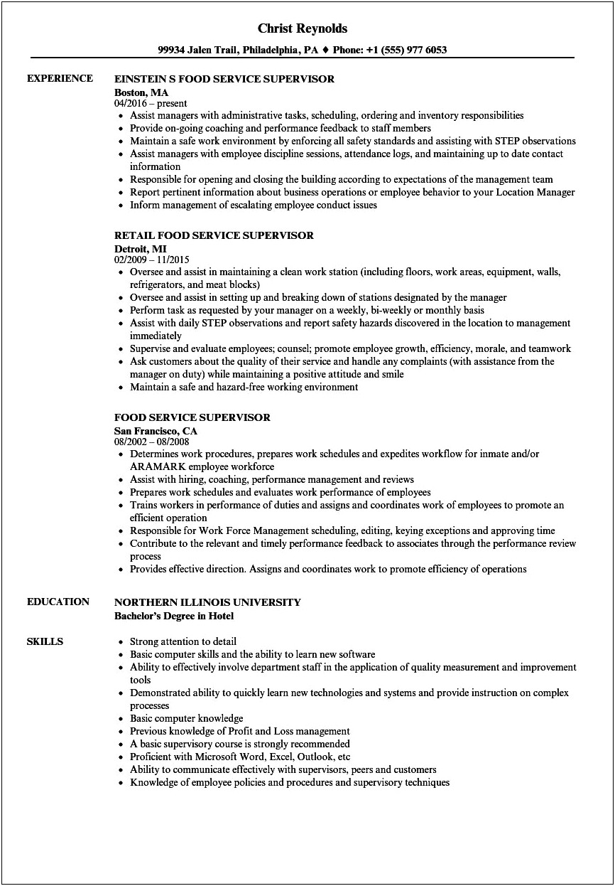 Dietary Supervisor Job Description For Resume