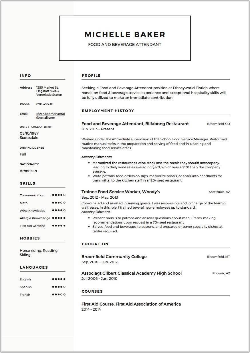 Dining Room Attendant Server Resume Sample