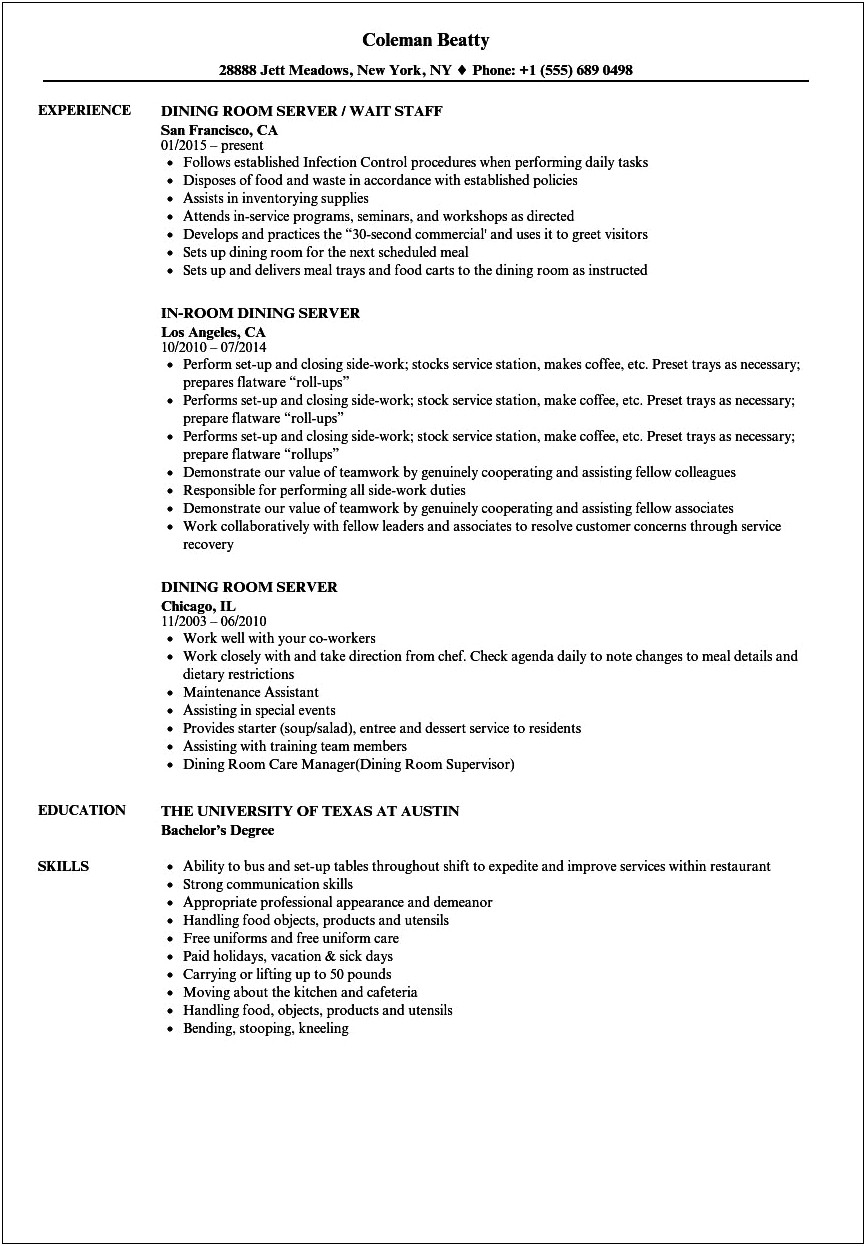 Dining Room Server Job Description Resume