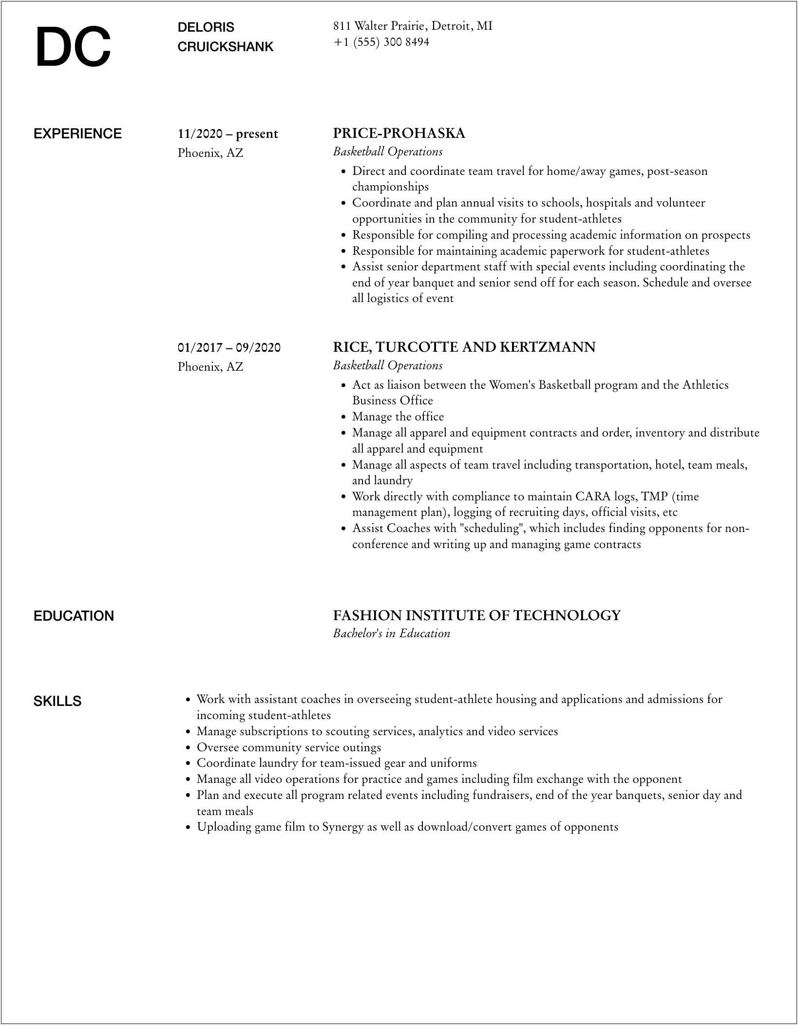 Director Of Basketball Operations Resume Examples