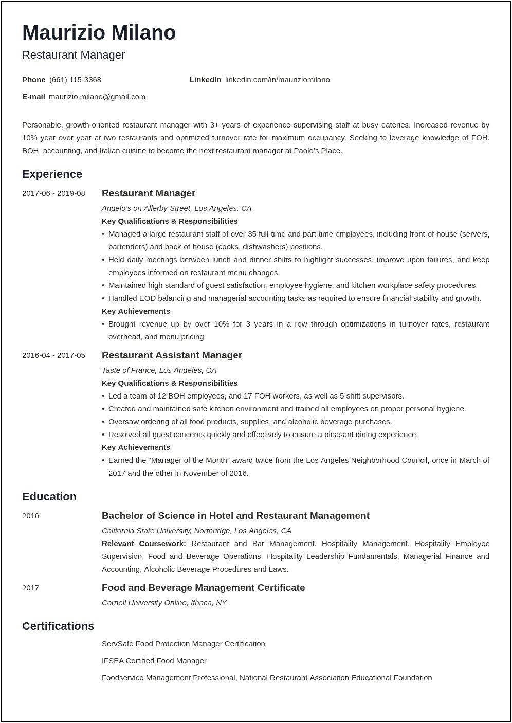 Director Of Operation Hospitality Resume Description