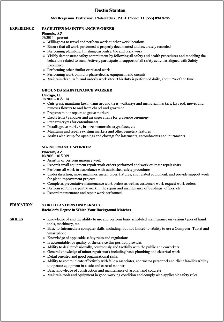 Distrobution Center Maintenance Technician Summary For Resume