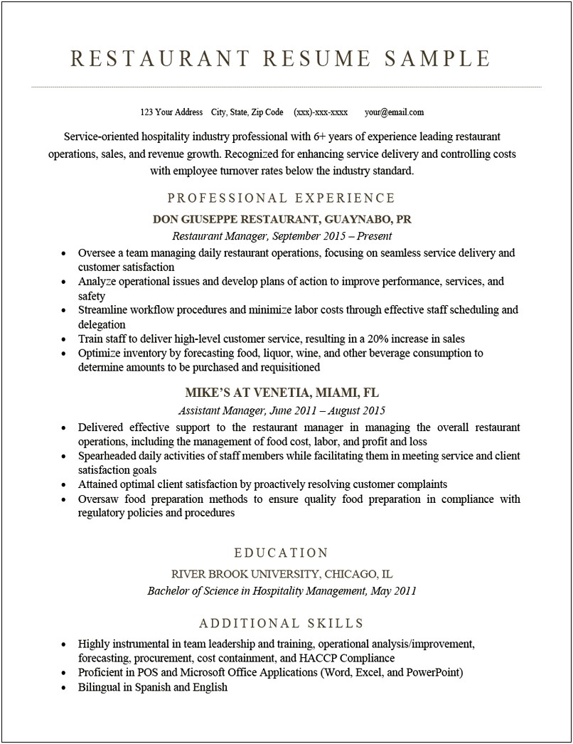 Downloadable Resume Templates For Resteraunt Servers