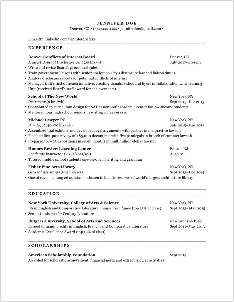 Dropped Out Of Law School Resume