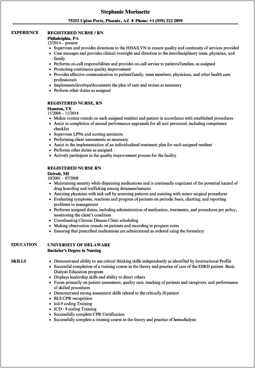Dsample Job Descriptions For Resume For Registered Nurse